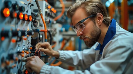 Poster - Engineer adjusting controls on industrial equipment. Generative AI.