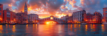 Rialto Bridge Across Grand Canal and Waterfront,
Ponte Rialto and gondola at sunset in Venice