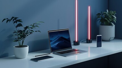 Poster - A mockup of laptop and a mobile devices together in a dark blue room. Generative AI.