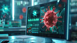 The computer displays cyber attack on an office computer and virus ransomware threats. Technology concept