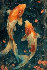 Wall Mural - A mesmerizing artwork capturing two koi fish gracefully swimming amidst a serene