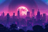 Fototapeta Na sufit - A purple and pink gradient city skyline at night with a large full moon in the sky. 