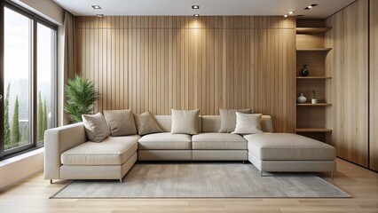 Wall Mural - Beige corner sofa against wooden paneling wall in modern living room