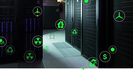 Poster - Image of eco icons and data processing over computer servers