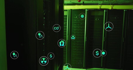 Poster - Image of eco icons and data processing over computer servers