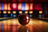 Fototapeta Perspektywa 3d - Bowling ball in front of a bowling alley. 3d rendering. bowling game. sports and enjoyment. focus on the goal. play time.