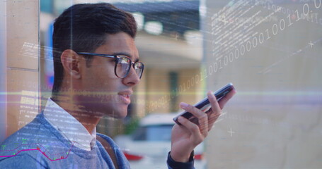 Poster - Digital composite of man on phone with data and graphs overlay signifies global communication.