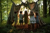 Fototapeta Perspektywa 3d - Children in a tent in the forest. Kids play in nature. excited children having fun during camping activity in nature. Group of happy joyful school kids playing together.