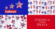 Image of labour day america the brave text over icons coloured with american flag