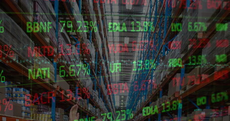 Poster - Image of stock market and financial data processing over empty warehouse