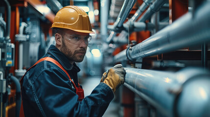 Poster - A plumber checking a pipe in an industrial building. Generative AI.
