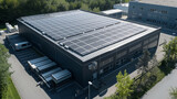 Fototapeta  - Photovoltaikanlage auf einerm Flachdach aus der Luft Luftansicht Vogelperspektive Firma Bürogebäude mit Solarpanels Generative AI