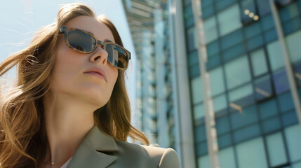 beautiful young woman in sunglasses and a turquoise business suit against the background of a glass multi-story office.Model in a woman's suit against the background of a building. Business woman