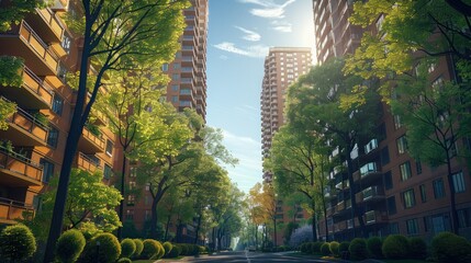 Wall Mural - Background photo of a rich high-rise apartment complex, street, spring, trees. Generative AI.