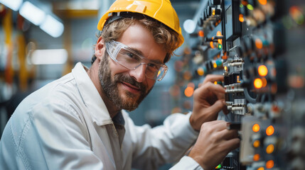 Poster - Automotive worker smiling while working at an electronics panel in an electronics company setting. Generative AI.