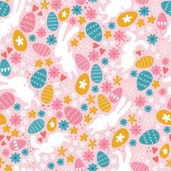 Wall Mural - Easter concept with colourful eggs, cute bunnies and flowers. Seamless pattern. Great for textiles, banners, wallpapers, wrapping - vector design