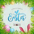 Happy Easter Illustration with Rabbit Ears, Painted Egg and Spring Green Grass on Clean Background. International Religious Vector Holiday Celebration Banner Design with Lettering for Greeting Card