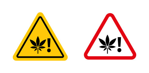 Wall Mural - Cannabis packaging warning sign. thc california caution symbol. weed danger triangle sign in yellow color. CBD marijuana leaves label.