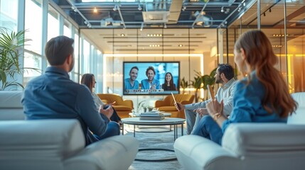 Poster - Tech startup team video conferencing with clients, modern and connected. Generative AI.