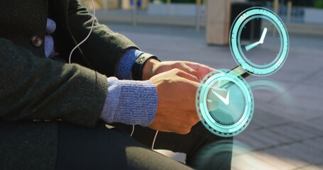 Poster - Image of clock moving over biracial businessman using smartphone