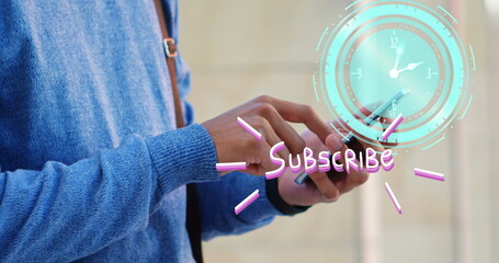 Poster - Image of clock moving and subscribe text over biracial businessman using smartphone
