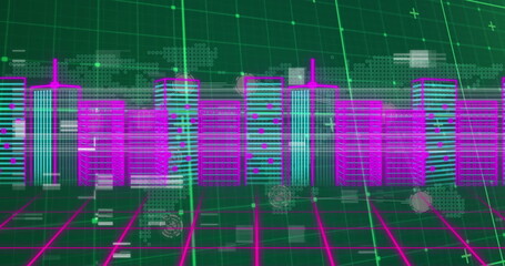 Poster - Image of interference and digital cityscape over green background
