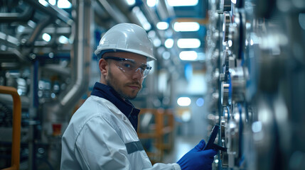 Poster - A worker checking on an electronic device in an industrial facility. Generative AI.