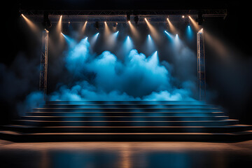 Wall Mural - illuminated stage with blue lights and smoke