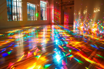 Vivid rainbow light patterns dance across the wooden floor of a room, created by sunlight filtering through colored glass windows