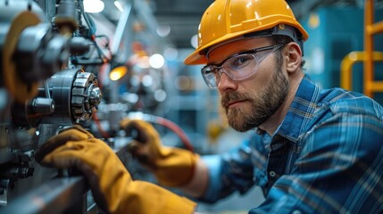 Poster - An industrial electrician meticulously working on machinery within a large manufacturing plant. Generative AI.