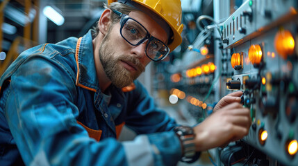 Poster - An industrial electrician meticulously working on machinery within a large manufacturing plant. Generative AI.