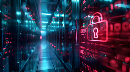 Poster - The data storage server room has a red padlock graphic. Data protection