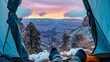 View from a camping tent the Grand Canyon with snow.