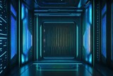 Fototapeta Uliczki - A futuristic sliding door with holographic patterns that opens to reveal a sci-fi interior.
