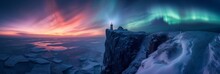 Lighthouse On Cliff By Sea With Beautiful Aurora Northern Lights In Night Sky In Winter.