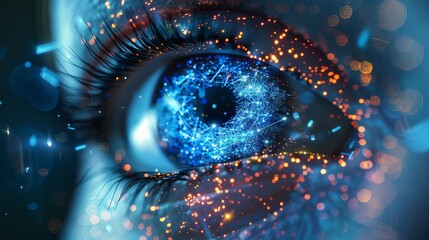 Poster - Futuristic wireframe technology's eye. Modern mesh spheres from falling debris. Thin line concept. Blue structure style illustration. Science polygonal image.