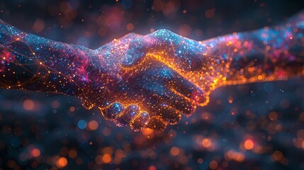 Aufkleber - A business handshake with a starry sky, consisting of points, lines, and shapes in the form of planets, stars, and the universe. Modern best deal. RGB color mode.