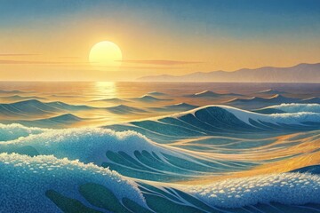 Poster - Gorgeous view of ocean waves under the afternoon sun and summer haze.