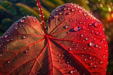 Wall Mural - Large beautiful drops of dew glistening on a vibrant red leaf in the early morning.