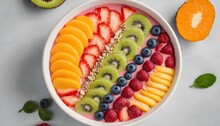 An Overhead Shot Of A Tropical Smoothie Bowl With Colorful Fruit Slices Arranged In A Captivating Pattern, Each Detail Hyper-detailed And Eye-catching.