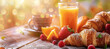 continental breakfast with croissants, fresh orange juice, fruit and hot drink