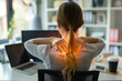 Woman with neck pain: Female office worker feels heavy pain in her neck will working at a desk with a laptop