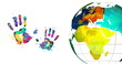 Image of handprints and globe on white background