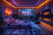 High-tech gaming room with surround sound LED lighting