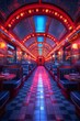 Retro-futuristic diner with chrome accents and neon lighting.3D render