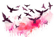 watercolor flying pink isolated silhouette birds flock
