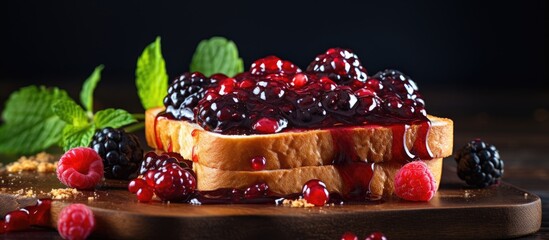 Canvas Print - Delicious Bread with Fresh Berries and Whipped Cream, a Sweet and Flavorful Treat