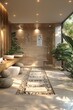Zen-inspired bathroom with a pebble floor and bamboo accents3D render