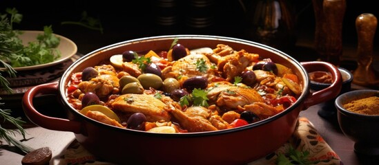 Canvas Print - Savory Chicken and Olive Stew Served Hot in a Rustic Pot with a Spoon Ready to Enjoy