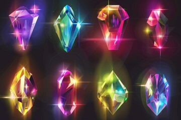 crystal rainbow lights, refraction effects of rays in glass or gem stone isolated on transparent bac